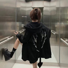 Mid-Length Hooded Zip-Up Printed Sweater