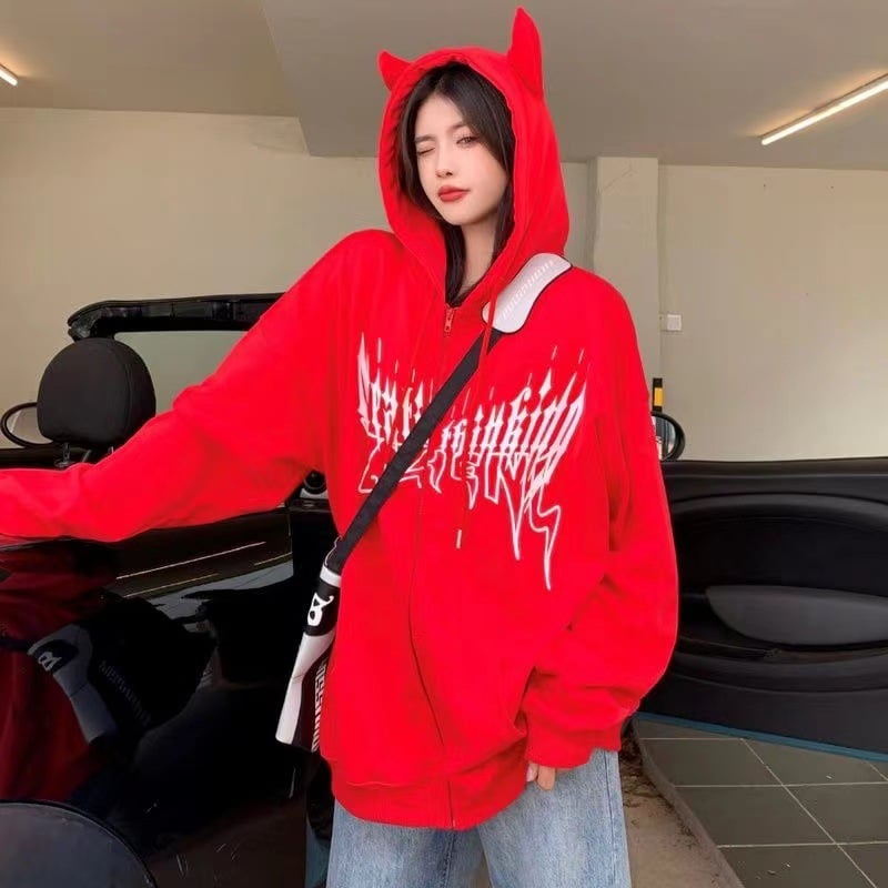 Mid-Length Hooded Zip-Up Printed Sweater
