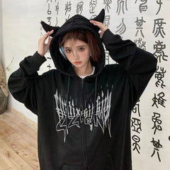 Mid-Length Hooded Zip-Up Printed Sweater